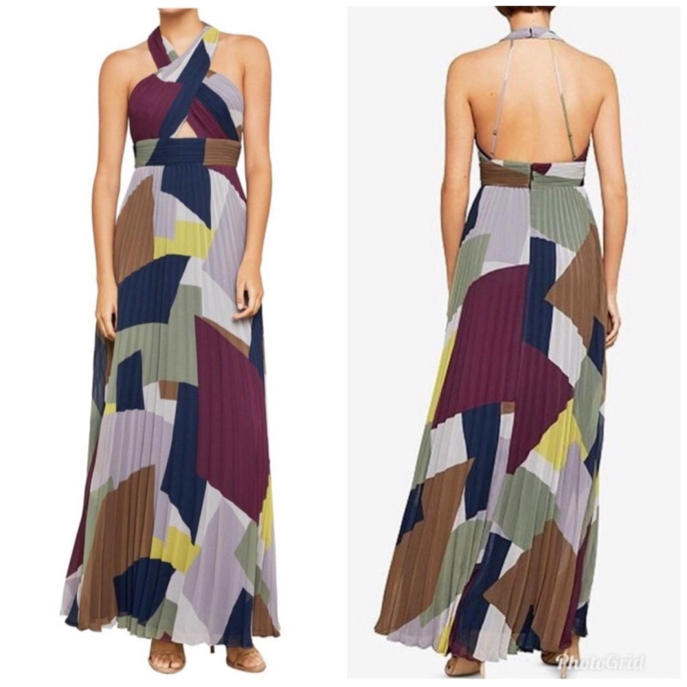 BCBGMaxAzria Likac Mauve Colorblock Pleated Backless Halter Dress. Size 4 NWT